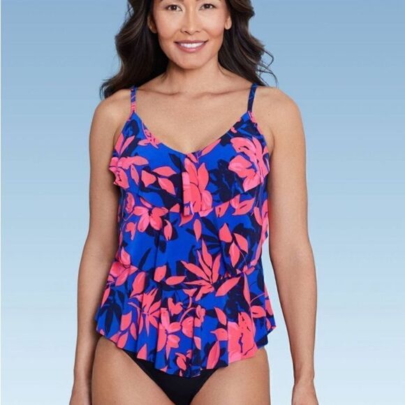 Aqua Green Women's UPF 50 Tiered Tankini Top Multi Floral NWT 1X - Picture 2 of 10